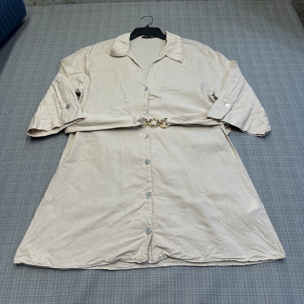 Zara Linen Blend Shirt Dress Womens Medium Midi Beige Belted Button Front